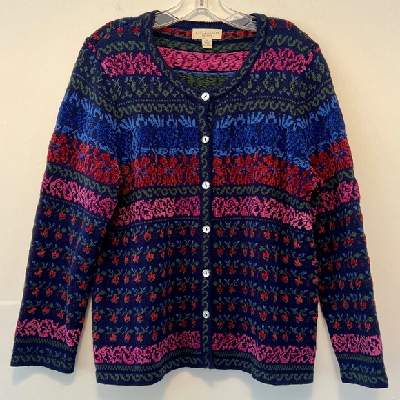 Appleseed's Fair Isle Navy Super Soft Button Front Teacher Cozy Cardigan Size PL - Picture 1 of 7